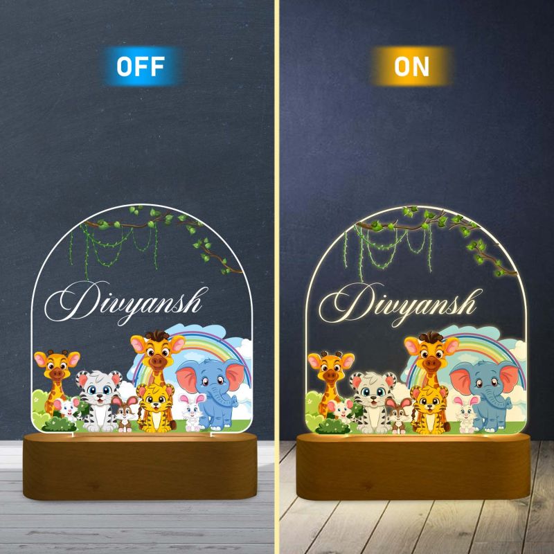 Personalized Cute Animal Theme LED Night Lamp with Warm White Light & Wooden Stand Jungle Safari Animals Light Kids Room Bedside Lamp Gift for Kids Boy & Girls Birthday Return Gift